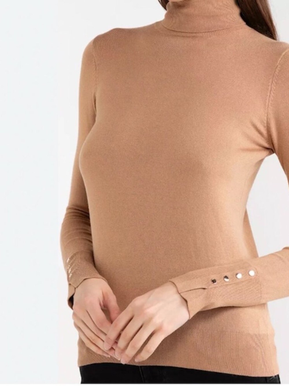 NWT Zara Fitted Knit Turtleneck Sweater Gold Sleeve Buttons Size Large Camel